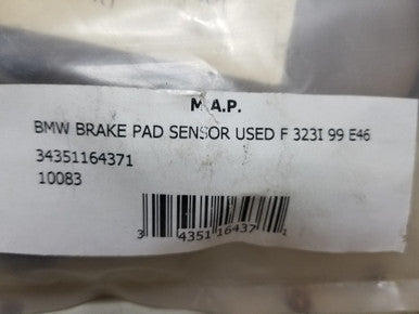 0) BMW 34351164371 USED 323I 99 E46 BRAKE PAD SENSOR 3 Series 323I 99 E46 BRAKE PAD SENSOR BMW OEM Part # 34351164371 BMW 3 Series 320i Sedan 2000, 2001, 20 Euro All Parts