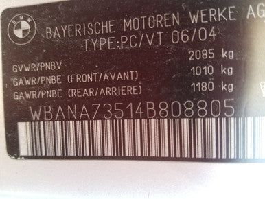 DISMANTLED DH B808805 BMW E60 530i BUILT MAY 28 2004 M54 3.0L 6 CYL AUTOMATIC RWD Sedan (4 Doors)	Titan-silber (354) Leder "dakota"/schwarz (LCSW) Euro All Parts