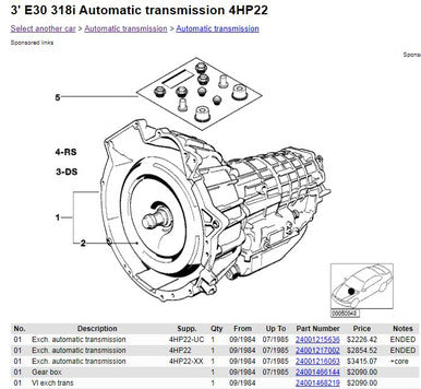 0) BMW 4HP-22 OEM 24001468223 USED 4 Speed Automatic TRANSMISSION ZF 24001466379 24001216571 4HP-22 1043010517 Fits: E30 325i M20 1987 & other listed vehicles Euro All Parts